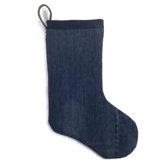 Hand Made Upcycled Blue Patchwork Denim Lined Hanging Christmas Stocking 17.5"